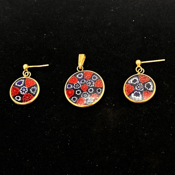 Murano Glass Millefiori Set Pendant & Earrings Pierced 24kt Gold Italy Red Blue - Picture 4 of 12